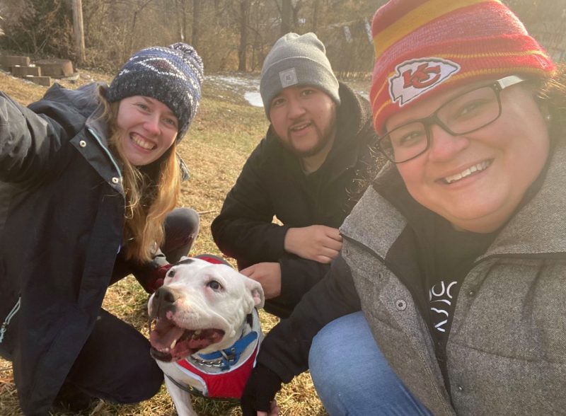 PRCKC posing for a selfie with client's white pit bull