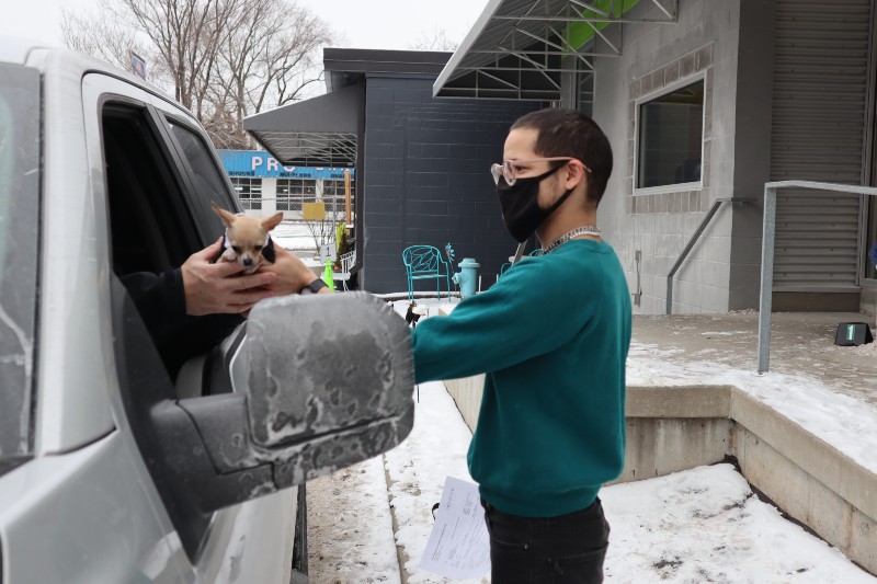 A dog is taken to a client waiting in the PRCKC parking lot. 