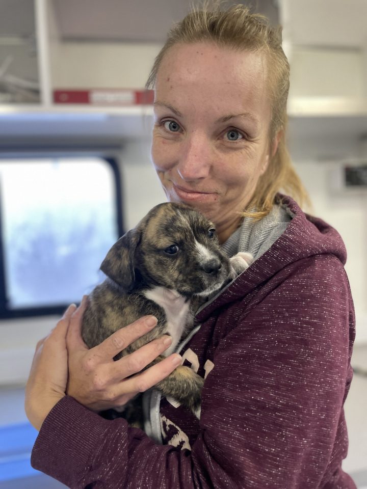 woman hugging puppy on mobile vet clinic