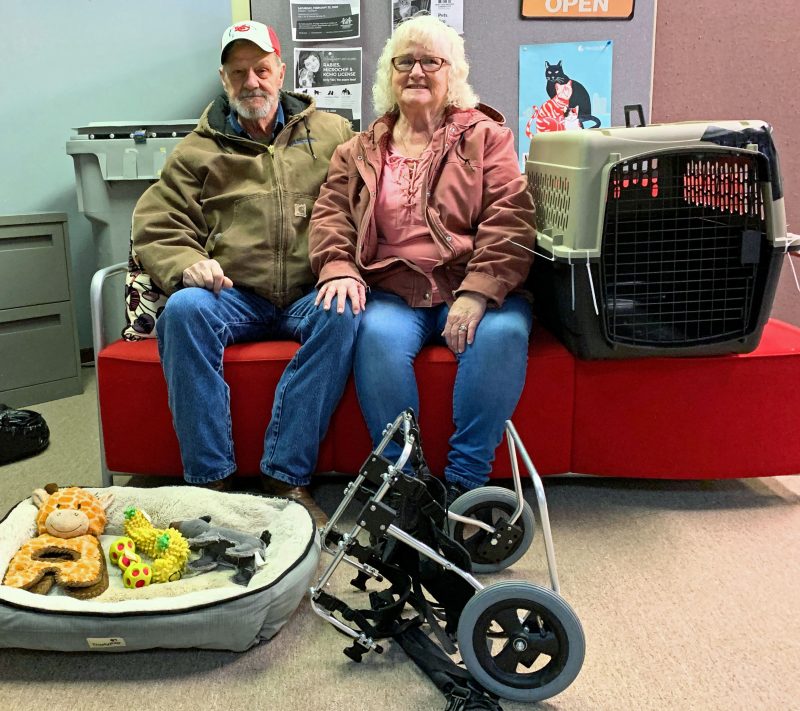 Linda and Ron donate kennel, doggie wheelchair, bed and toys