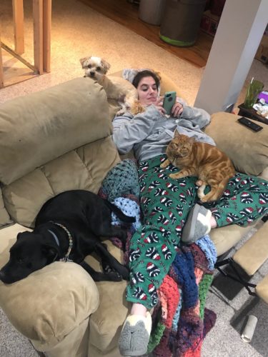 a woman lays on the couch while 2 dogs and 1 cat lay on her