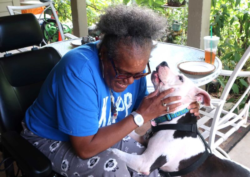 A woman pets her dog, who is jumping up onto her lap