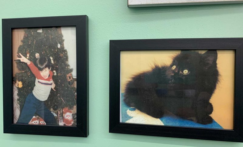 A picture of two photographs side by side, one of a young boy, the other of a kitten