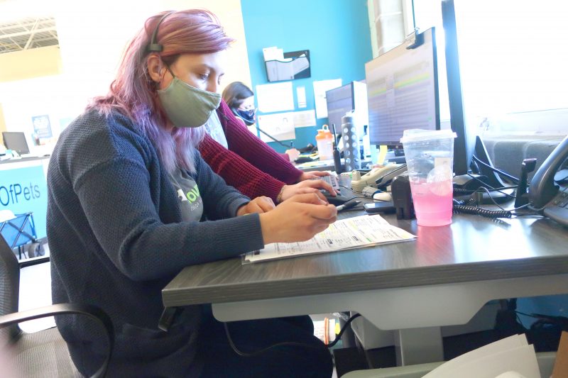 a woman sits at a desk looking over some paperwork